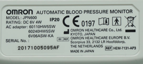 thông số kỹ thuật máy đo huyết áp bắp tay Omron JPN 600